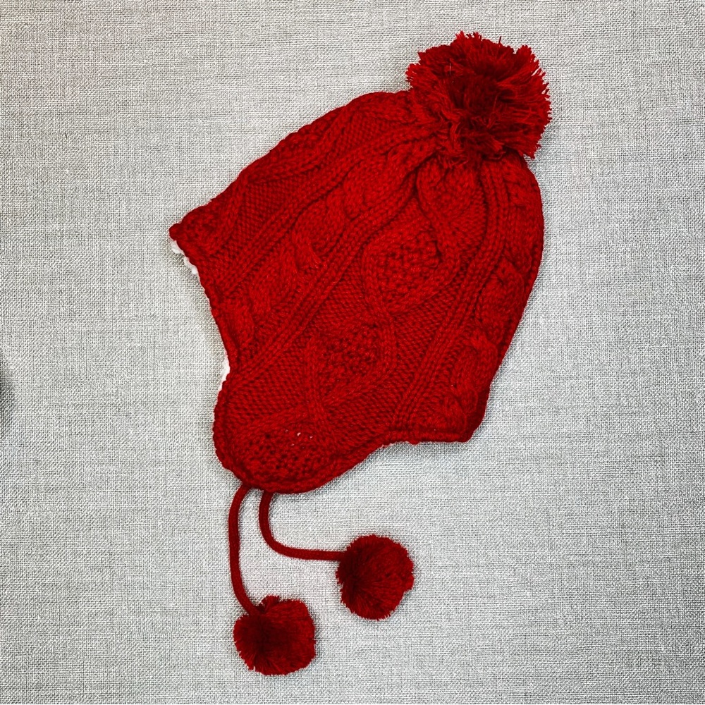 LANDS' END Rich Red Cable Knit Kid's Hat Sherpa Fleece Lined Unisex Medium/Large